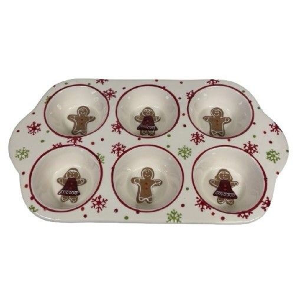 Gingerbread Boy Girl Holiday Cupcake Muffin Pan Ceramic Snowflakes Baking Dish